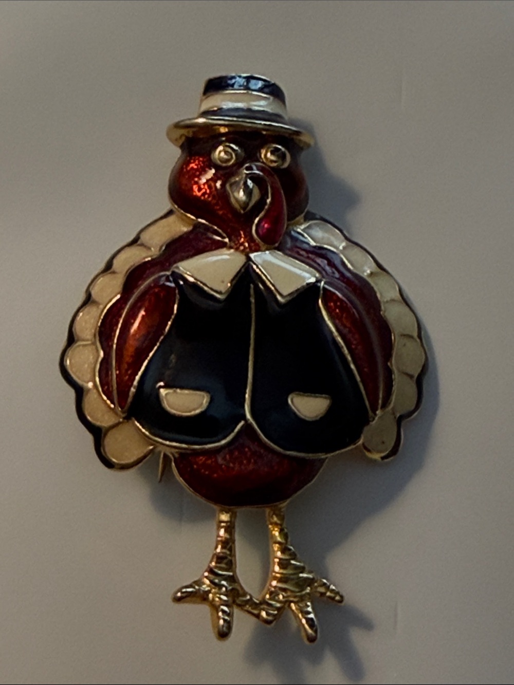 SFS Vintage Signed Cartoonish Pilgrim Turkey Brooch